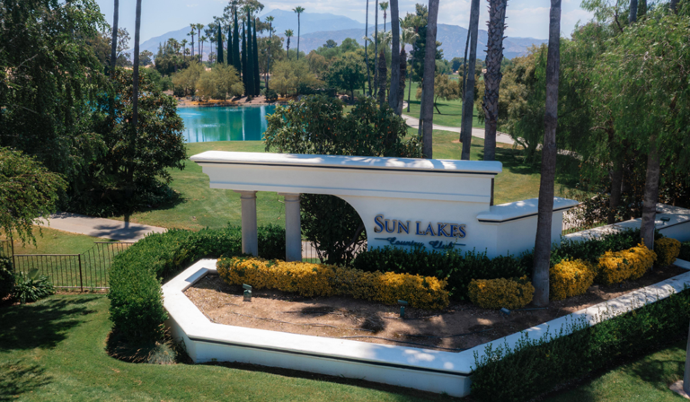 Sun Lakes Country Club entrance — gated 55+ golf community in Banning, CA