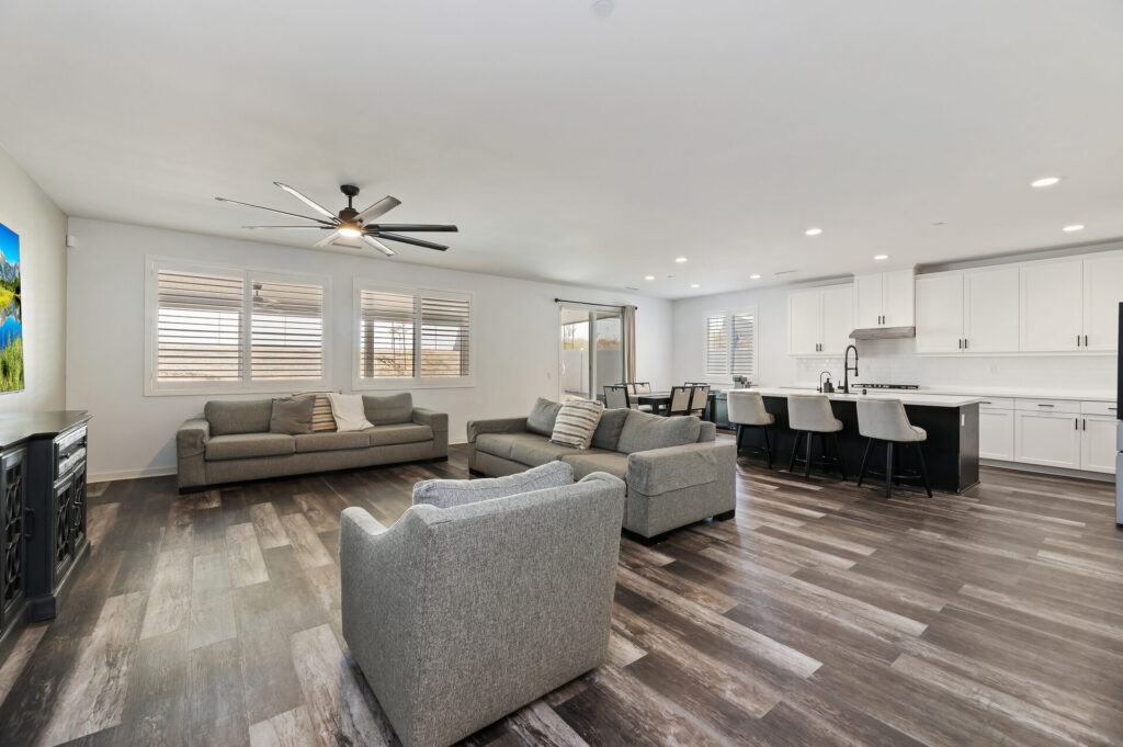 Great room opening to the kitchen and dining area