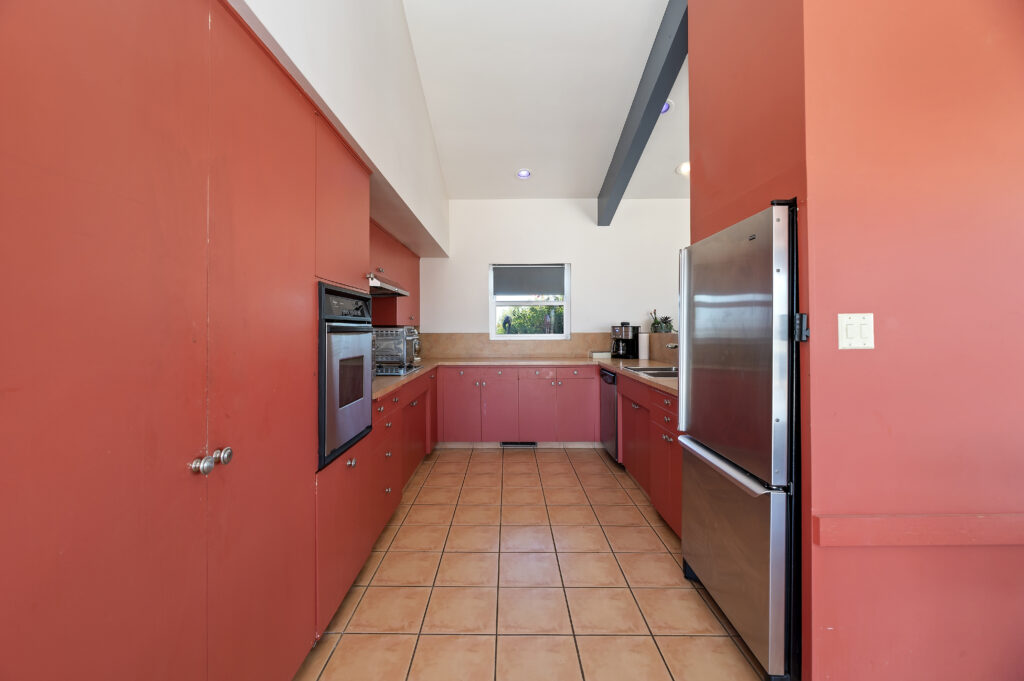 1717 Terrace Dr, Hemet — kitchen with tile floor, stainless refrigerator and full-height cabinetry